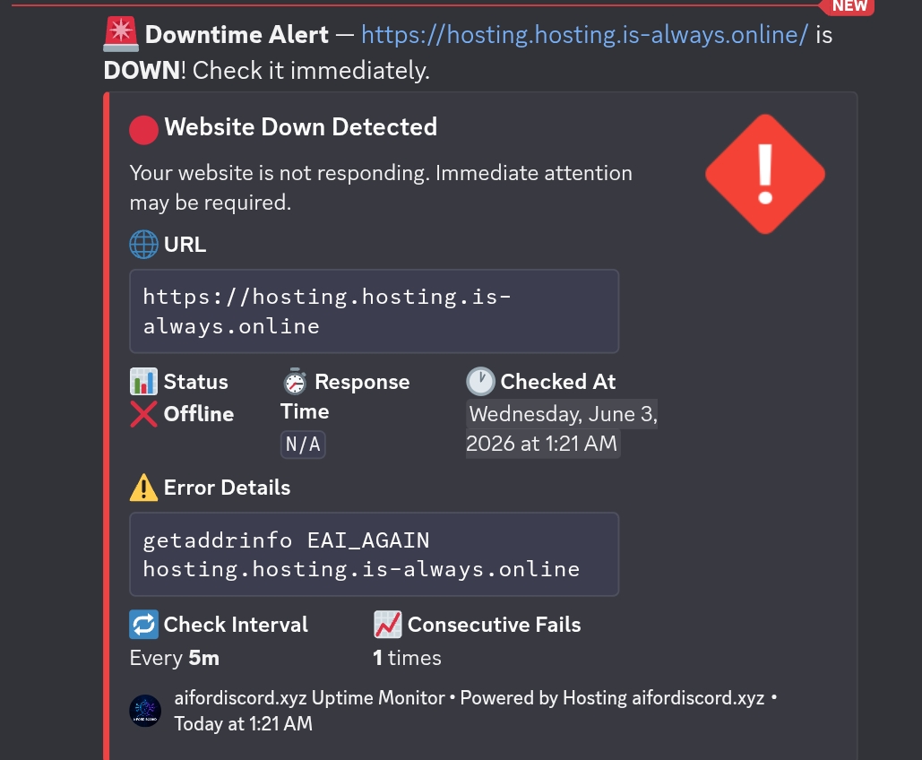Discord webhook notification embed showing downtime alert