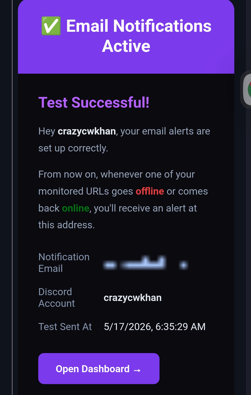 Email notification showing test successful screen